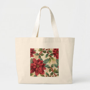 Bolso De Tela Gigante Retro 50 Poinsettia Crema Verde Rojo