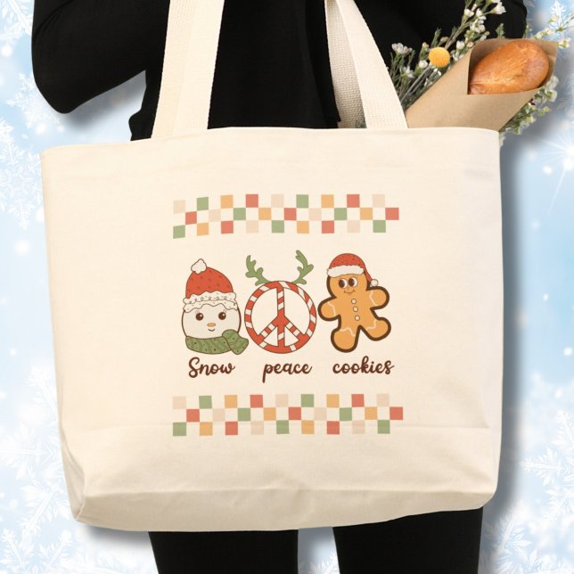 Bolso De Tela Gigante Retro camiseta de Navidades feos (Retro Hippie Christmas Tote bag, Snowman, Snow,peace,cookies tote)