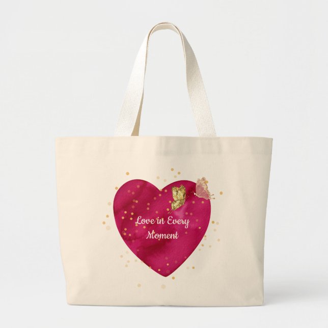 Bolso De Tela Gigante Romantic Heart & Golden Butterfly Valentine  (Frente)