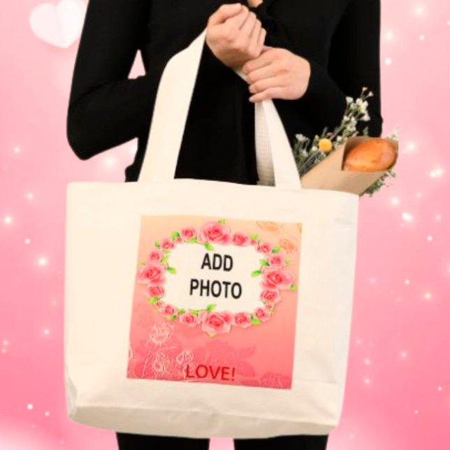 Bolso De Tela Gigante Rosas rosas rosas San Valentín agrega tu foto (Pink Roses Valentine Add Your Photo Large Tote Bag)