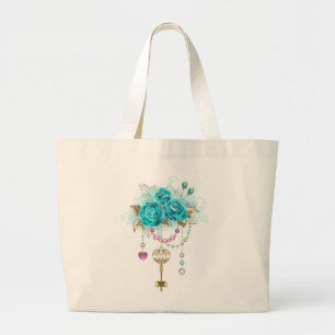 Bolso De Tela Gigante Rosas turquesas con llaves