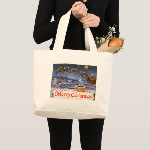 Bolso De Tela Gigante Santa Claus Vintage volando su trineo en Navidad