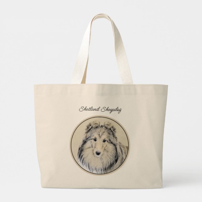 Bolso De Tela Gigante Shetland Sheepdog Puppy Pintura Sheltie Perro Arte (Reverso)