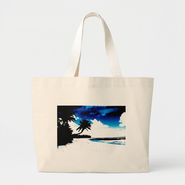 Bolso De Tela Gigante Silueta de árbol de palmera blanco azul (Frente)
