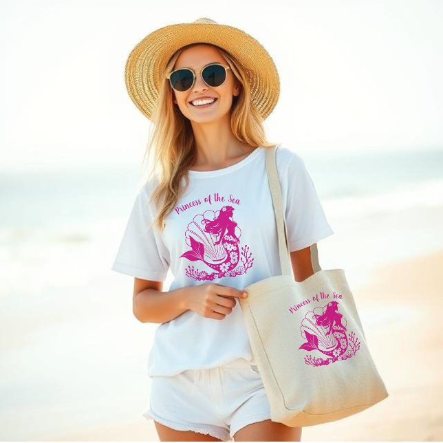 Bolso De Tela Gigante Sirenita de Hawái-Princesa del Mar-Pescador- (Hawaiian Mermaid-Sea Shells and Tropical Flowers-Fisherman Core-Pink)