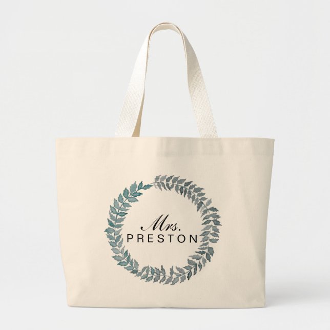 Bolso De Tela Gigante Sra. Steel Blue Vine | Wreath acuarela (Frente)