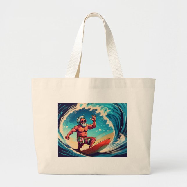 Bolso De Tela Gigante Surf's Up, Santa: Vibes de olas tropicales" (Frente)