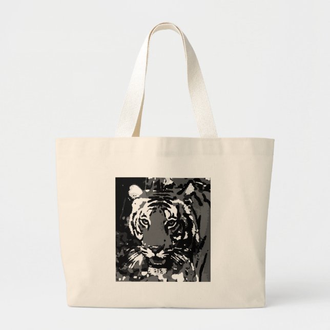 Bolso De Tela Gigante Tigre de arte pop blanco negro (Frente)