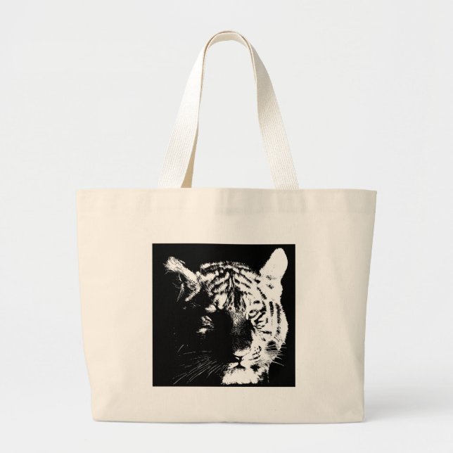 Bolso De Tela Gigante Tigre de arte pop blanco y negro (Frente)
