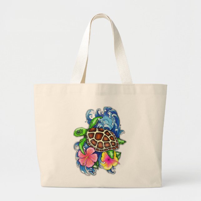 Bolso De Tela Gigante Tortuga tropical marina e Hibiscus (Frente)