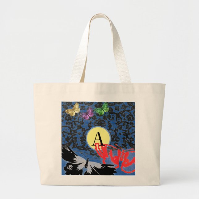 Bolso De Tela Gigante TOte Bag NEGRO LACE PERSONALIZADO INICIAL Y MARIPO (Frente)