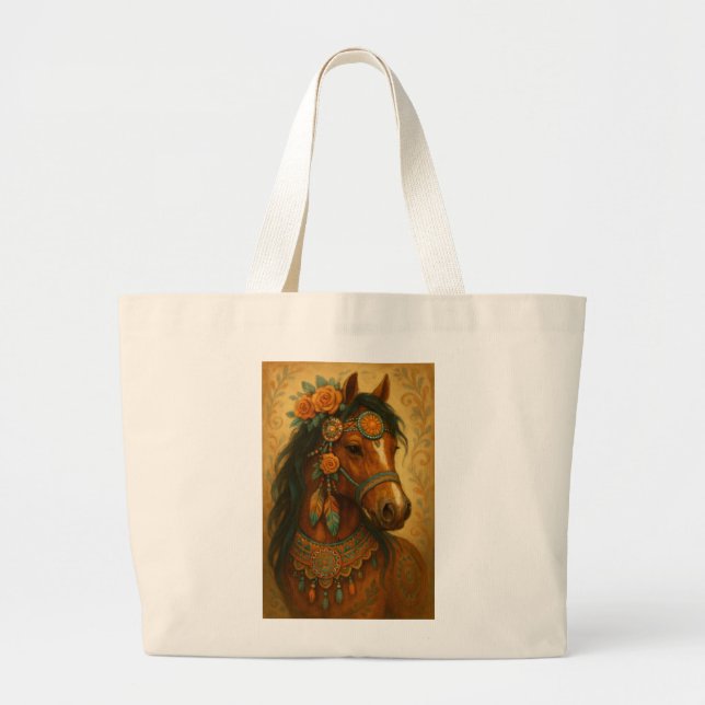Bolso De Tela Gigante Tote de impresión reversible de caballos (Frente)