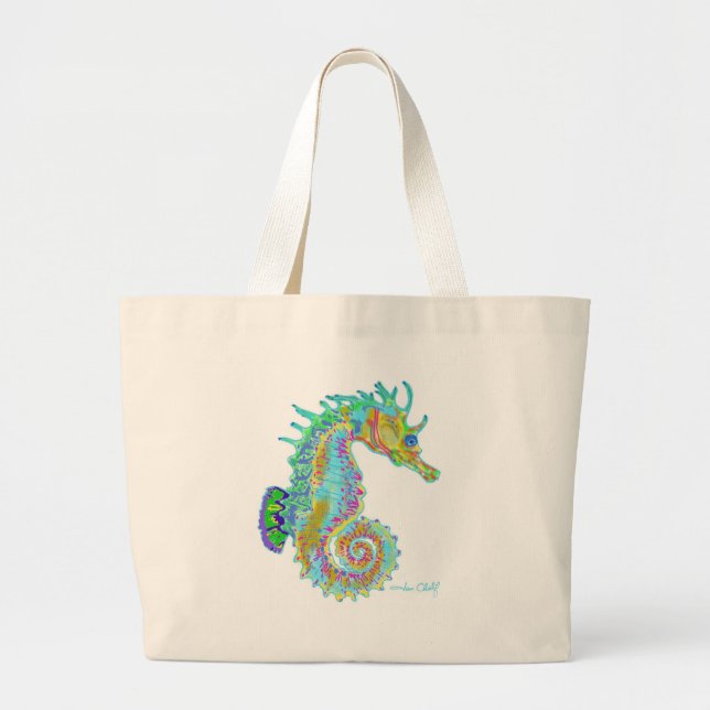 Bolso De Tela Gigante Tote del Seahorse del arco iris (Frente)