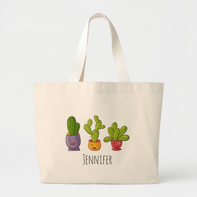 Bolso De Tela Gigante Tres cactus en Ilustracion divertido de macetas de (Frente)