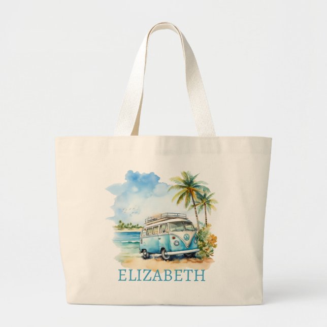 Bolso De Tela Gigante Tropical Island Retro Blue Bus  (Frente)