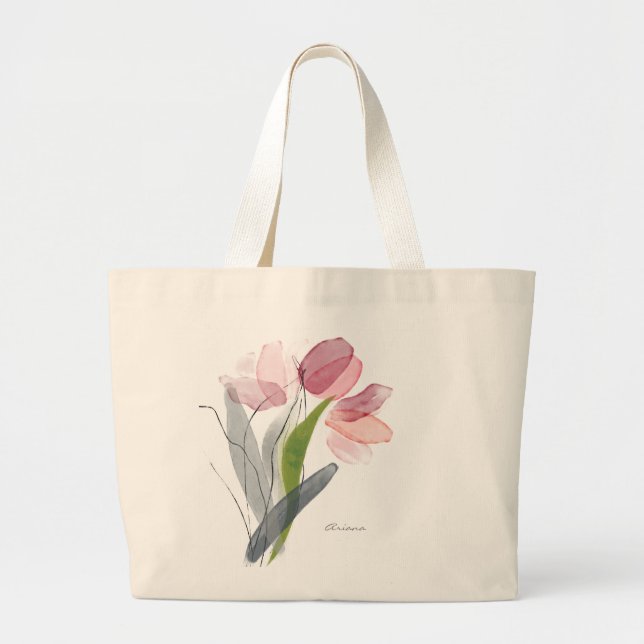 Bolso De Tela Gigante Tulipanes Florales Femeninos Hojas Verdes Grandes  (Frente)