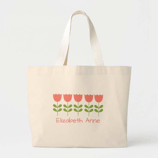 Bolso De Tela Gigante Tulipanes rosados y verdes personalizados reversib (Frente)