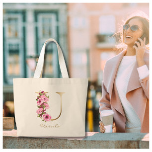 Bolso De Tela Gigante U Letra Gold Monograma Magenta Rosa Floral