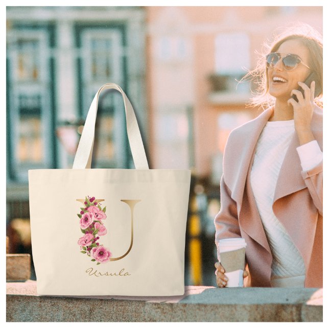 Bolso De Tela Gigante U Letra Gold Monograma Magenta Rosa Floral (Subido por el creador)