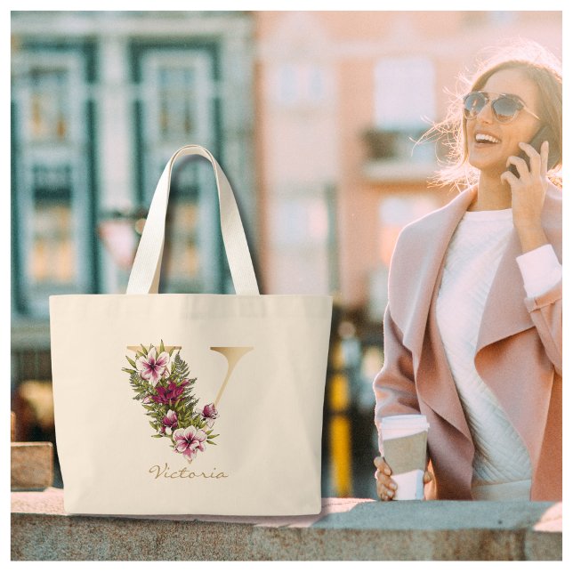 Bolso De Tela Gigante V Letra Gold Monograma Marsala White Florals (Subido por el creador)