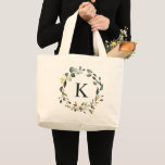 Bolso De Tela Gigante Vegetación de color de agua Wreath Monogram Brides<br><div class="desc">La vegetación botánica de acuarela rústica era una bolsa de tote para una dama de honor o una dama de honor personalizada.</div>