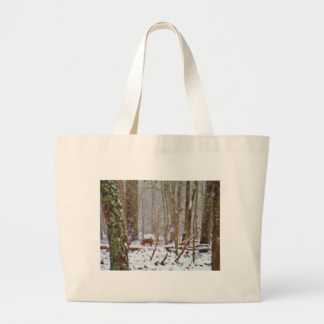 Bolso De Tela Gigante Venado en la nieve, lamiendo la pierna (Frente)