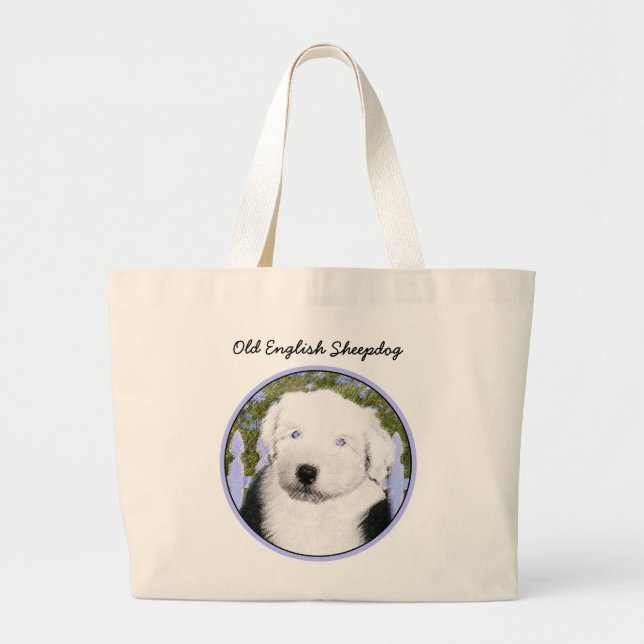 Bolso De Tela Gigante Viejo perro pastor inglés con pintura de cachorros (Frente)