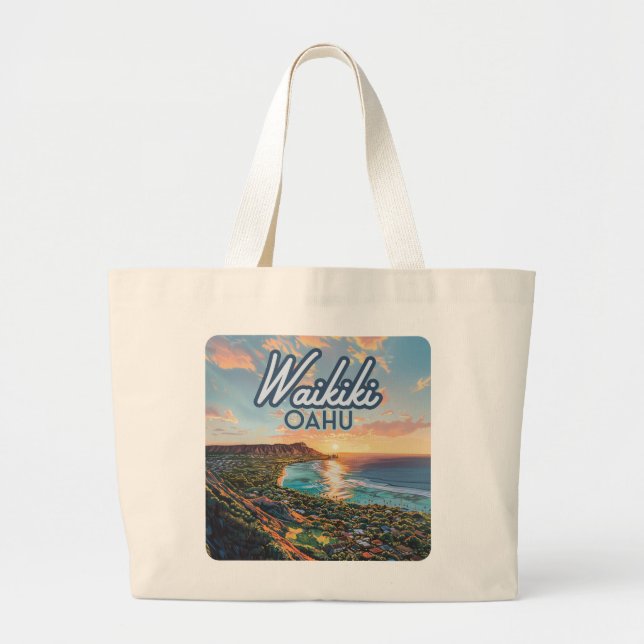 Bolso De Tela Gigante Waikiki Beach Honolulu Oahu Hawaii Retro (Frente)