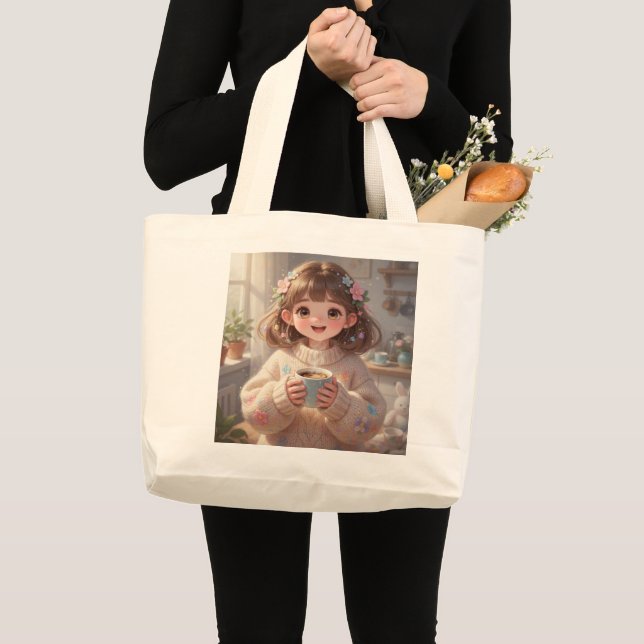 Bolso De Tela Gigante Whimsical Girl with Coffee Tote Bag (Anverso (producto))