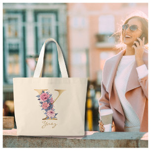 Bolso De Tela Gigante Y Letra Gold Monograma Floral Azul Rosa