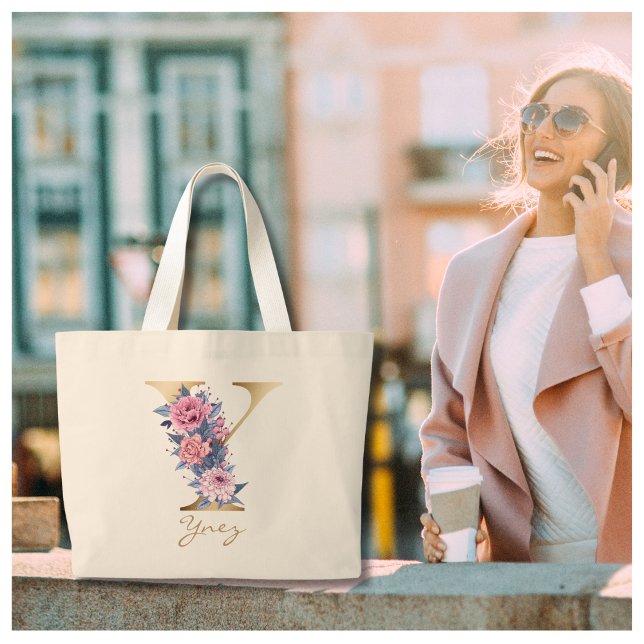 Bolso De Tela Gigante Y Letra Gold Monograma Floral Azul Rosa (Subido por el creador)
