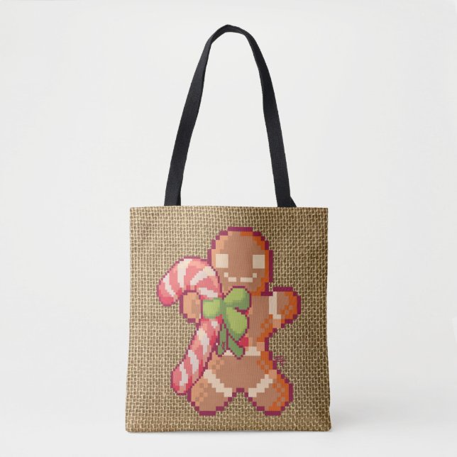 Bolso De Tela Gingerbread man, Santa, Christmas, Pixel Art (Anverso)