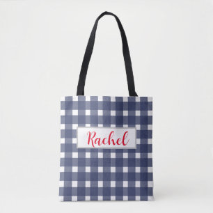 Bolso De Tela Gingham blanco azul personalizado