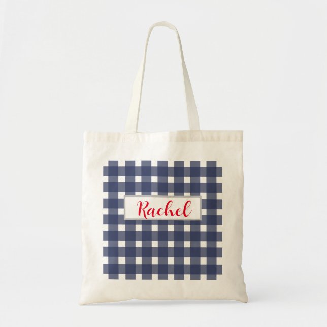 Bolso De Tela Gingham blanco azul personalizado (Frente)