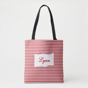 Bolso De Tela Gingham Clásico Rojo y Blanco Nombre Personaliza
