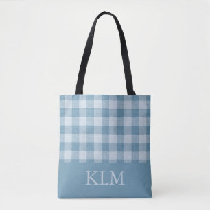 Bolso De Tela Gingham de Azul Polvo Monograma Nombre Personaliza