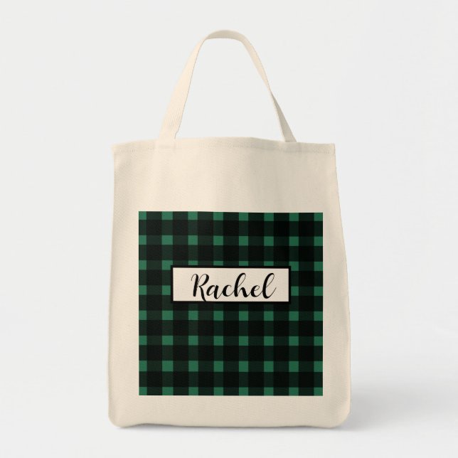 Bolso De Tela Gingham verde negro personalizada (Frente)
