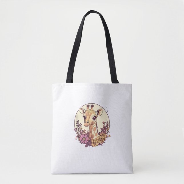 Bolso De Tela Girafa Adorable Rodeada De Flores _7 (Anverso)