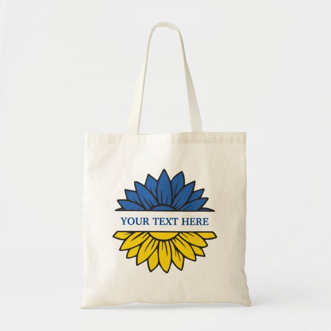 Bolso De Tela Girasol azul/amarillo. Texto personalizado. ¡Perso (Frente)