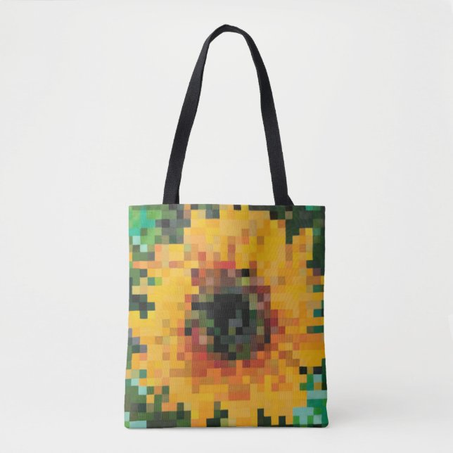 Bolso De Tela Girasol pixelado vibrante con fondo verde (Anverso)