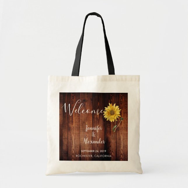 Bolso De Tela Girasol rústico en madera boda de bienvenida (Frente)