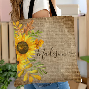 Bolso De Tela Girasol Rústico País Arpillera Nombre Personalizad