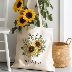 Bolso De Tela Girasol rústico vintage con acuarela y monograma