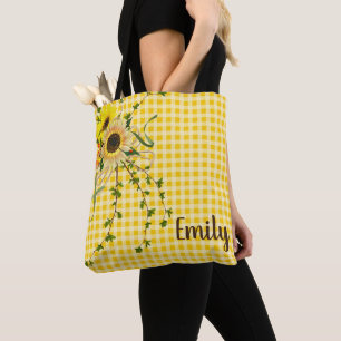 Bolso De Tela girasol y ramo de hiedra en gingham amarillo