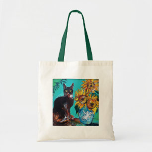BOLSO DE TELA GIRASOLES CON GATO NEGRO EN TURQUESA AZUL