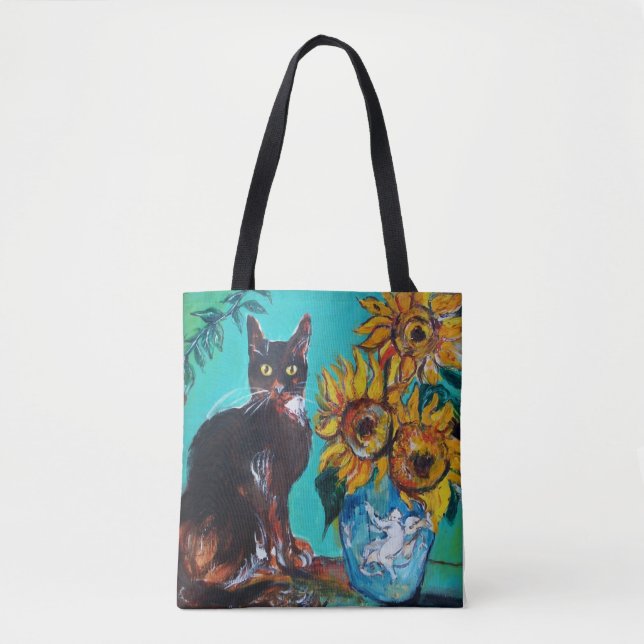 BOLSO DE TELA GIRASOLES CON GATO NEGRO EN TURQUESA AZUL (Anverso)