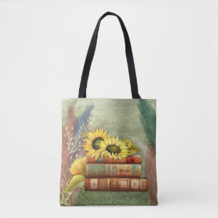 Bolso De Tela Girasoles de Otoño Sobre Libros Apilados