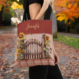 Bolso De Tela Girasoles otoñales sobre la valla de roya y el mon