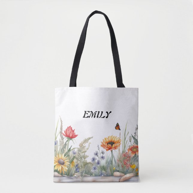 Bolso De Tela Girasoles Silvestres Rústicos | Nombre Personaliza (Anverso)