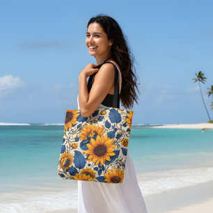 Bolso De Tela Girasoles Vintage Floral Azul Marino